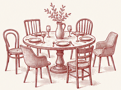 A red ink illustration of a dinner table set for six.